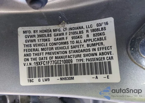 2016 Honda Civic Ex-L from USA, damaged, VIN 19XFC1F77GE210009